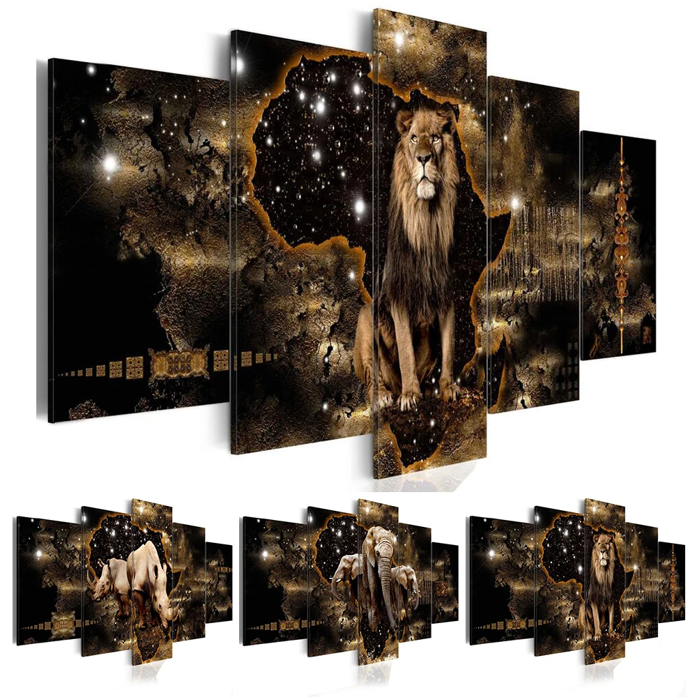 

Golden Texture Animal Lion Elephant Rhinoceros 5Pcs Wall Art Canvas Poster Paintings Living Room Home Decor Picture Decoration