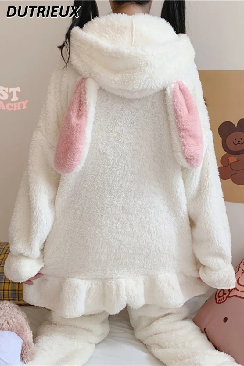 

Новинка 2023, зимняя Фланелевая пижама, женский теплый костюм с бархатными брюками из кораллового флиса, милый костюм в японском стиле с капюшоном