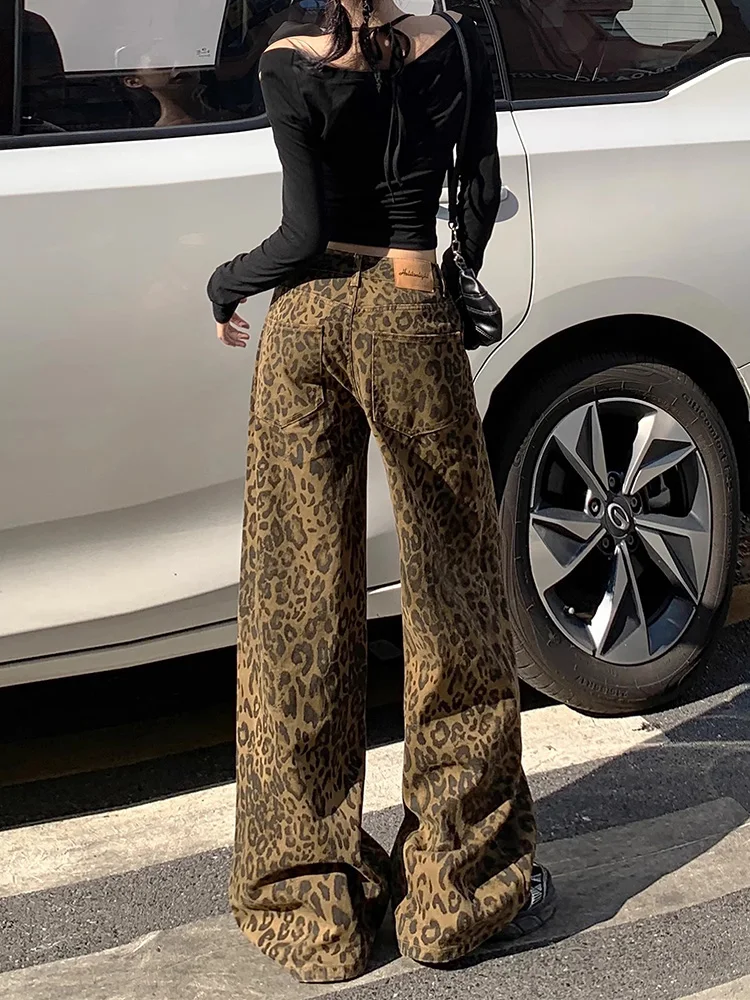 Plus Size Vintage Leopard Print Wide Leg Denim Women Fall New Arrival High Waist Loose Slimming and All-Matching Casual Strai...