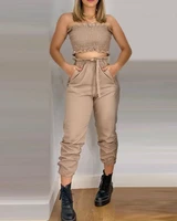 pocket design pants set women summer 2022 fashion new shirred frill hem crop top and high waist two pieces trousers set