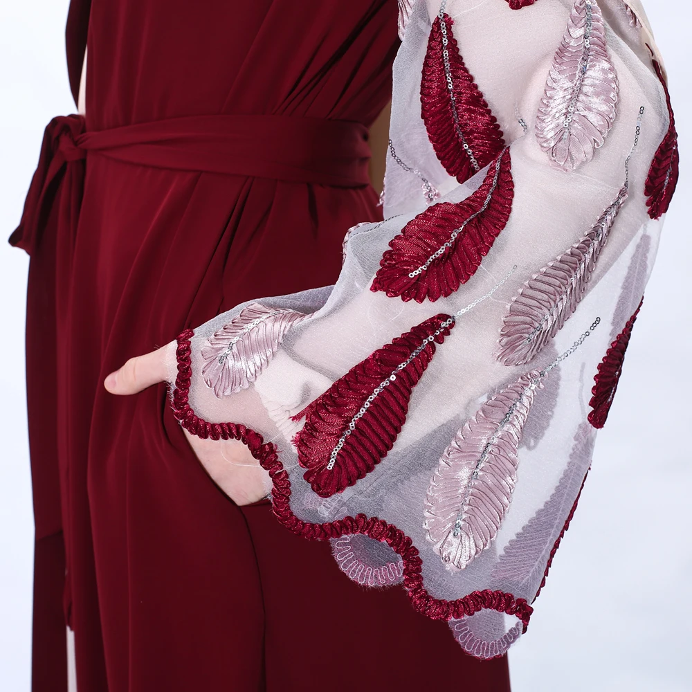 Elegant Fashion Abaya Kimono for Muslim Women Flare Sleeve Summer Skirt Maxi Embroidery Gauze Kimono Dress with Sash