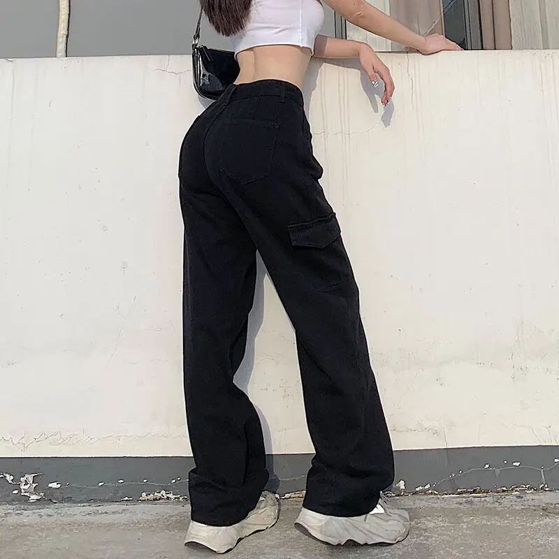 2023 Vintage Solid Overalls Trouser Women Fashion White Blue High Waist Casual Jeans Loose Omighty Wide Leg Pocket Cargo Pants
