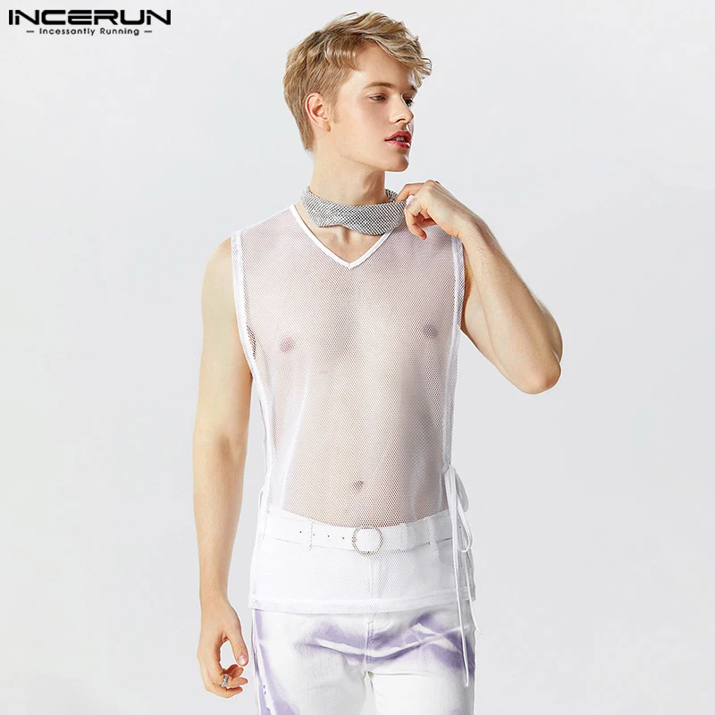 

Casual Party Shows Style Tops INCERUN New Men's Sexy Fashion V-neck See-through Mesh Vests Strap Sleeveless Thin Waistcoat S-5XL