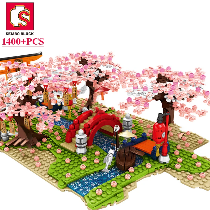 SEMBO BLOCK 1400PCS บล็อก City Cherry Blossom ญี่ปุ่น Sakura Tree Diy House Mini Street View รุ่นอาคารของเล่นเด็ก