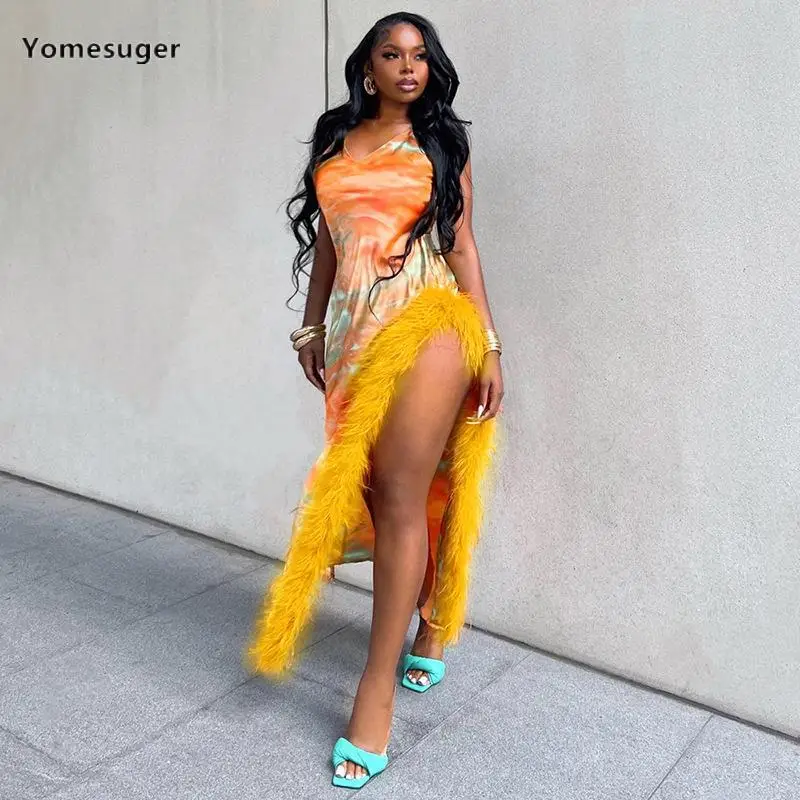 

Yomesuger Tie Dye Printed Patchwork Fur Maxi Dress Women Sexy Straps Backless Body-Shaping Robe 2023 Fall Casual Party Clubwear