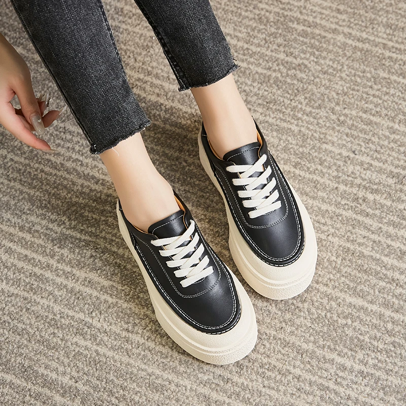 Women's Genuine Leather 2023 Spring Sneakers New Casual Lace-up Women's Sneakers Shoes Platform Board Shoes Women