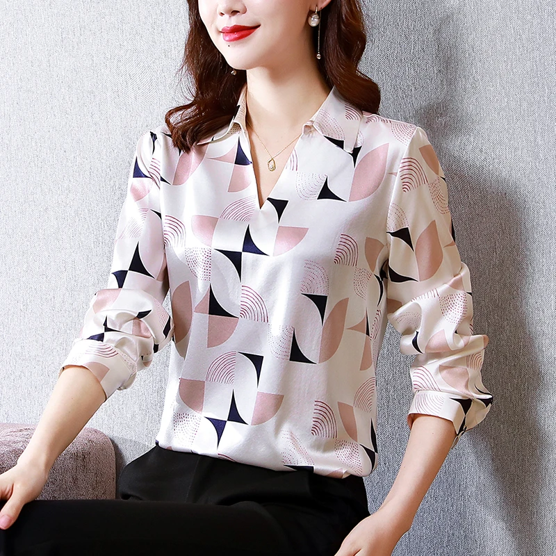 

Summer New Women's Blouses Long Sleeve Top Printing Casual Fashion Poplin Loose Splicing V-neck