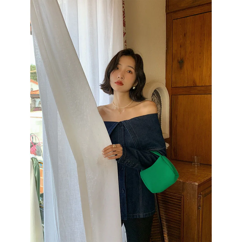 Женские джинсовые рубашки с открытыми плечами модная блузка длинным рукавом