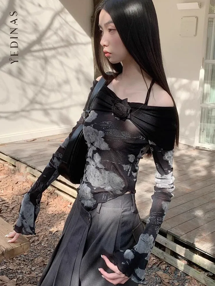 Yedinas Лоскутные сетчатые топы с открытыми плечами длинным рукавом черная