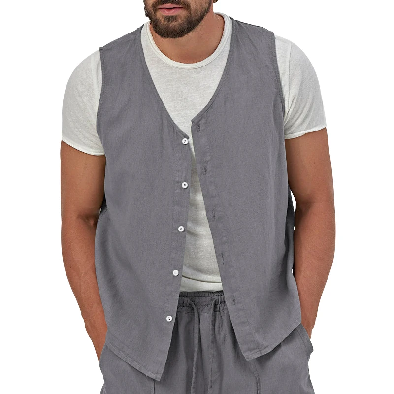 Summer New Men's Casual Coat Vest Multi Button Solid Cotton Linen Versatile Outdoor Fitness Beach Swimming Pool Top for Men