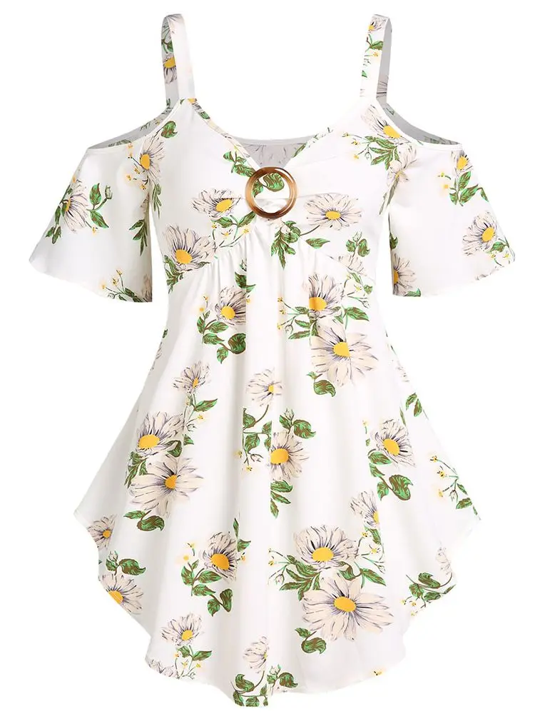 

Майка женская летняя с V-образным вырезом и цветочным принтом