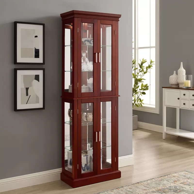 

Curio Cabinet Lighted Curio Diapaly Cabinet with Adjustable Shelves and Mirrored Back Panel, Tempered Glass Doors (Walnut, 6 Tie