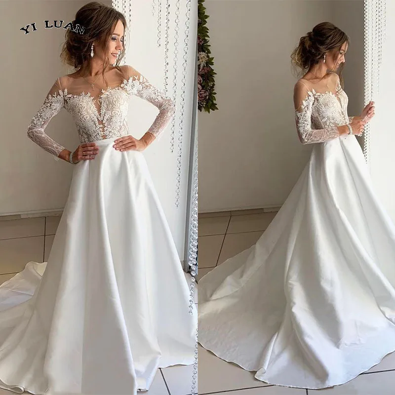 

Wedding Dresses Lace Appliques Long Tulle Sleeves Stain Court Trian Scoop A Line Bridal Gowns Vestidos De Novia 2022 Customed