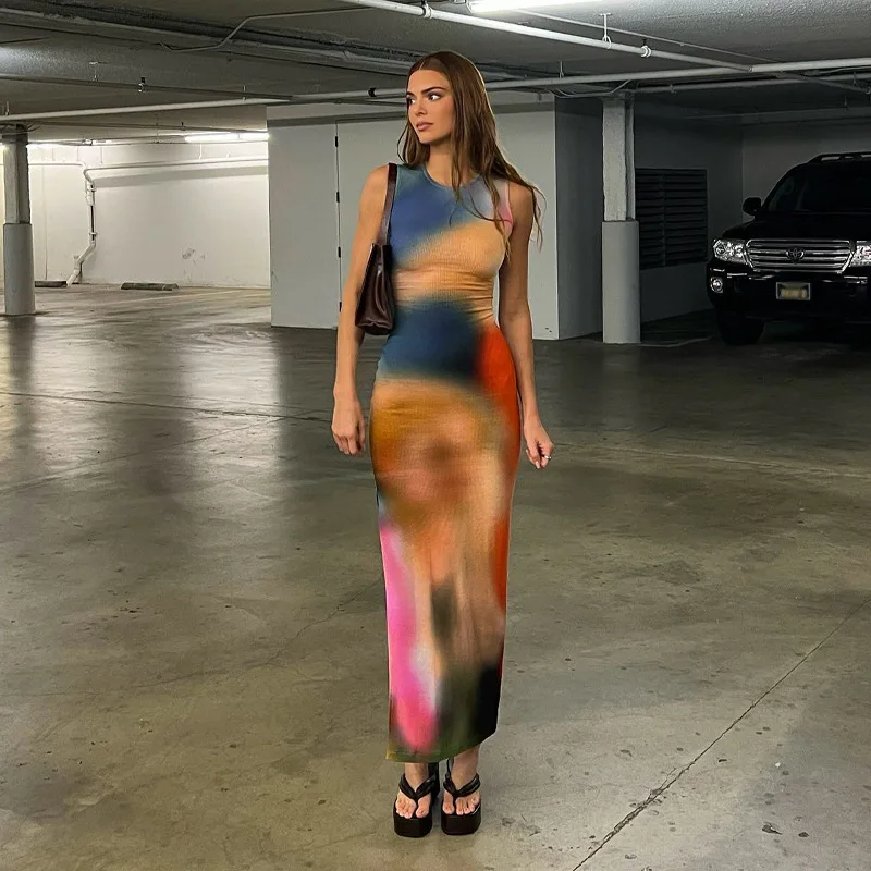 

Summer Dress Women Sleeveless Tie-Dye Floral Print Slit Long Dress Women