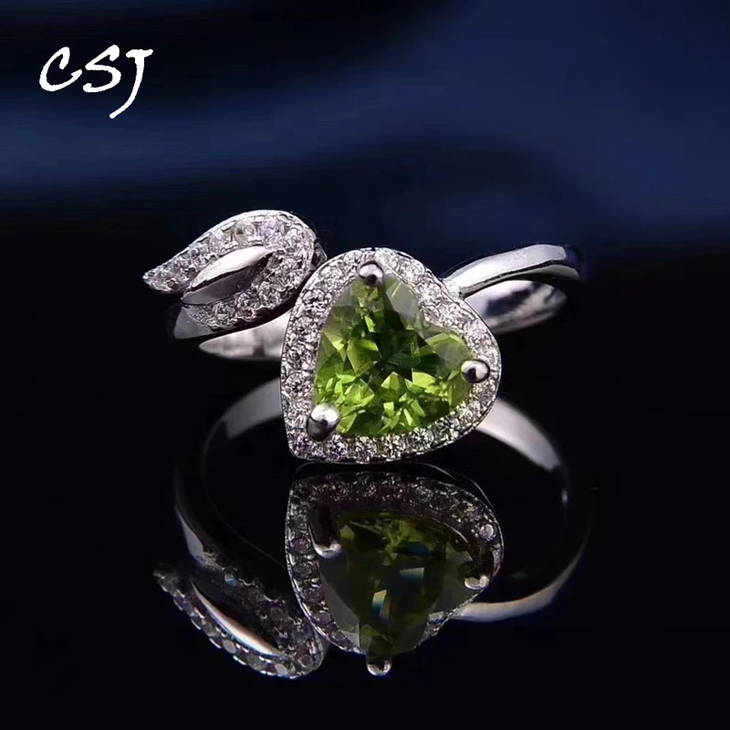 

CSJ Real Natural Peridot Ring Sterling 925 Silver Gemstone 7mm for Women Fine Jewelry Wedding Birthday Box