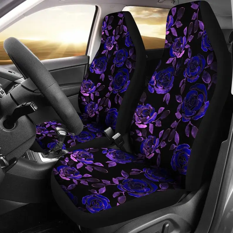 

Purple Floral Flowers Black Car Seat Covers Pair, 2 Front Car Seat Covers, Seat Cover for Car, Car Seat Protector, Car Accessory