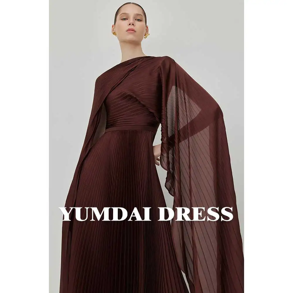 Коричневое шифоновое вечернее платье YUMDAI с длинным рукавом плиссированная