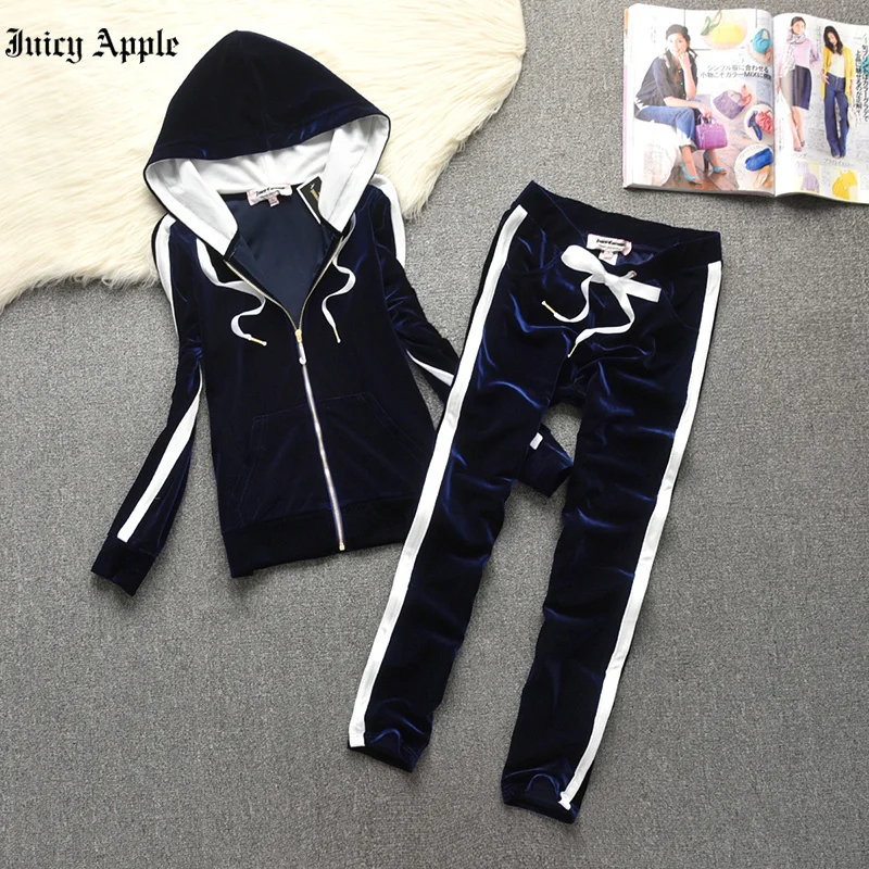 Juicy Apple Tracksuit Women Sport Set Lady Solid Hooded Sweatshirt Pullover Top And Drawstring Pants Two Piece Set Female Outfit