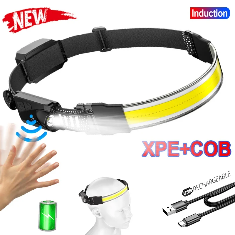 Enlarge COB LED Headlamp 270° Wide Angle 5 Lighting Modes Headlight Weatherproof with Built-in Battery USB Rechargeable Flashlight Work