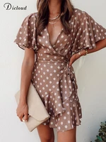 dicloud summer wrap women dress 2022 polka dot ruffle flare sleeve taupe mini party dresses sexy a line v neck female clothing