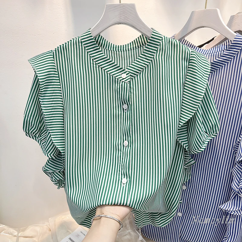 

2022 Vertical Stripe Blouses Femme New Korean Style Slim Fit Stand Collar Ruffled Stitching Short Sleeve Shirt Summer Top