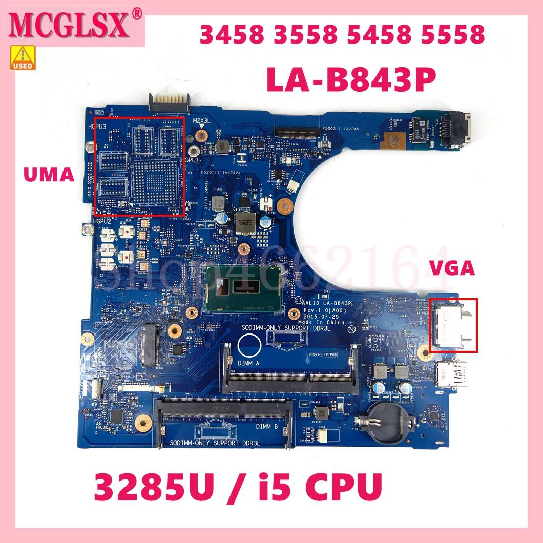

LA-B843P With 3285U / i5-4th or 5th CPU Notebook Mainboard For DELL Inspiron 3458 3558 5458 5558 5758 Laptop Motherboard Used