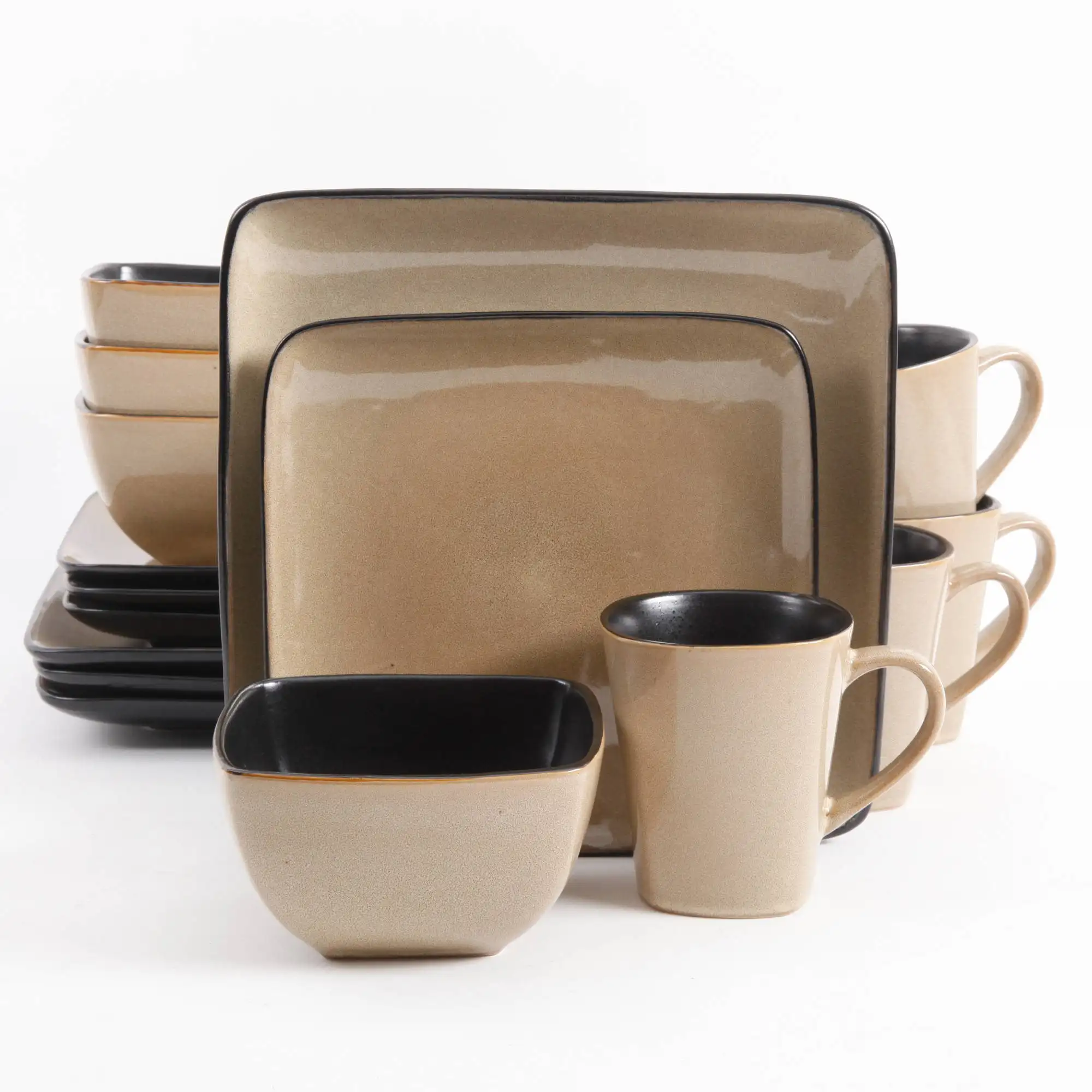 

Gibson Home Rave Square 16-Piece Dinnerware Set, Taupe