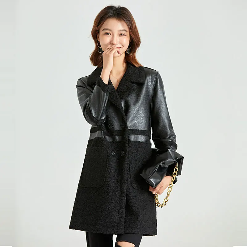 Women Faux Lambskin Leather Coats Plus Size Winter Overcoat Windbreaker Outerwear Plus Velvet Thickened Wool Fur Jacket Ladies