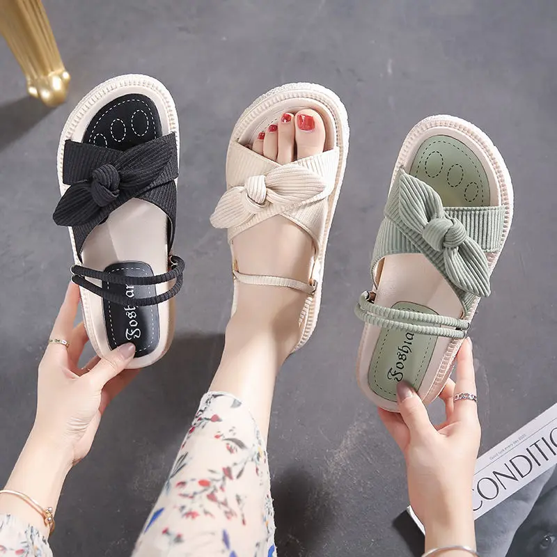 

2022 New Sandals Ladies Summer Fairy Style Fashion Student Thick Soled Roman Flats Indoor Slippers Slippers Bows Comfort Sexy