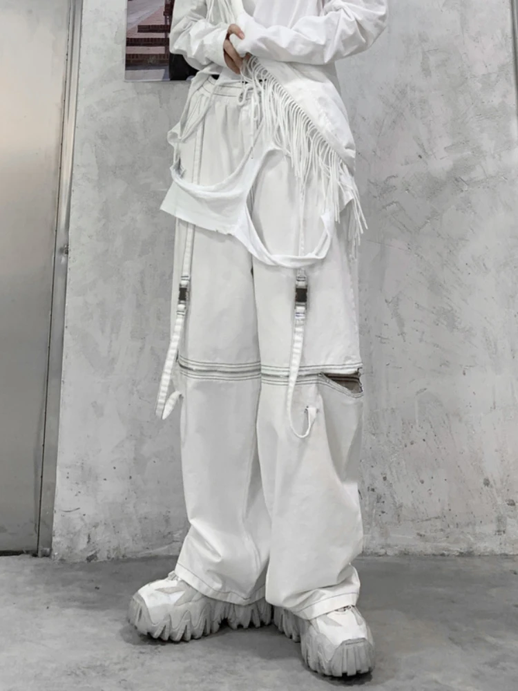 

QWEEK Techwear White Cargo Pants Women Emo Streetwear Black Wide Leg Trousers Baggy Grunge Punk Pockets Hippie Hollow Out Loose