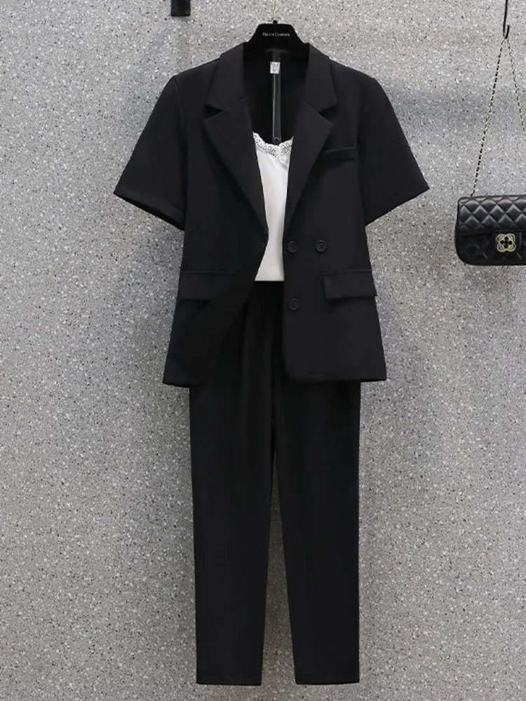 

Комплект из двух предметов женский однобортный, офисный элегантный однотонный топ с английским V-образным вырезом и брюки, комплект из двух предметов, лето