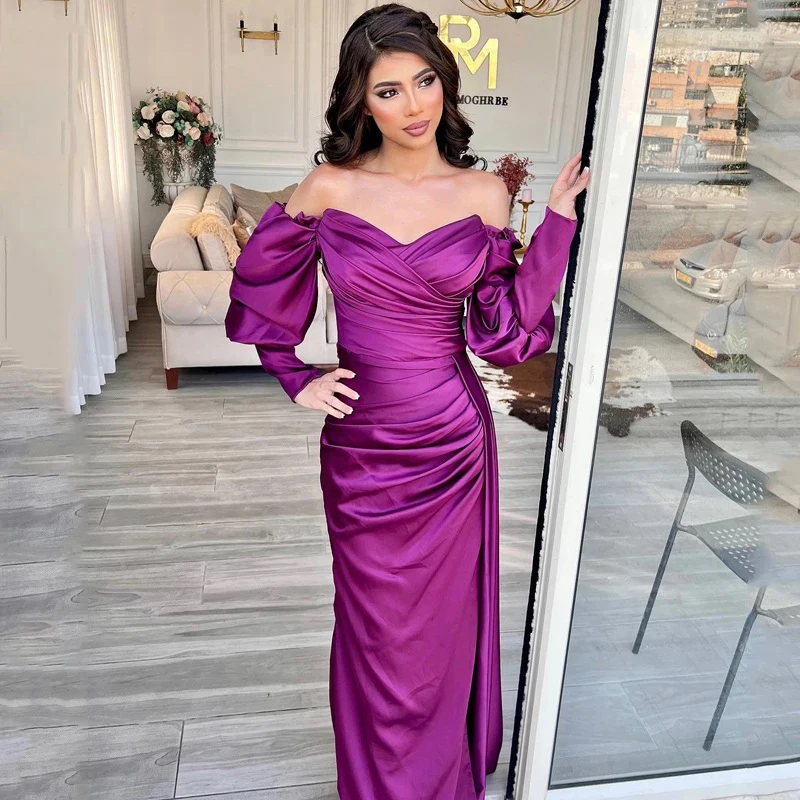 

Purple Mermaid Prom Dresses Off The Shoulder Long Sleeve Evening Dress Side Slit Saudi Arabia Cocktail Party Gownsفساتين الح