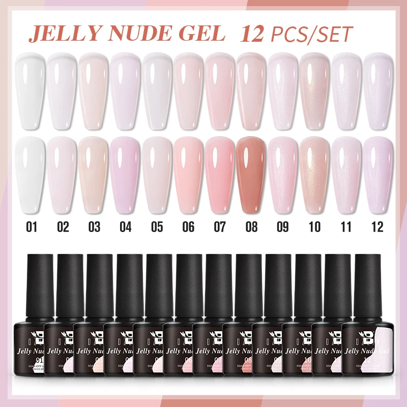 

BOZLIN 12PCS Jelly Nude Gel Kit Pink Transparent Color Semi Permanent UV LED Nail Art Gel Soak Off Nail Polish Varnish Set