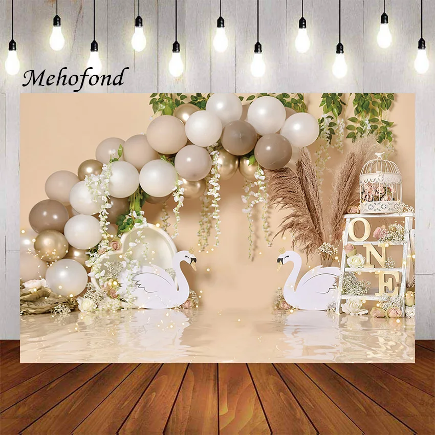 

Фон для фотосъемки Mehofond богемный цветочный шар Белый лебедь девушка 1-й день рождения торт разбивать Фотостудия