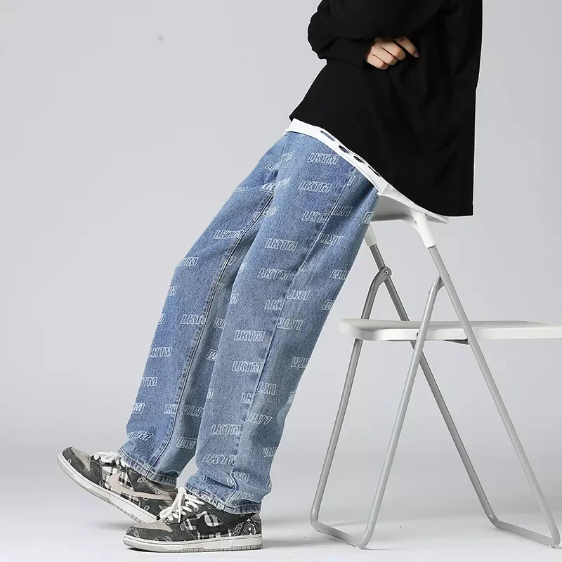 2022New Full Tide Brand High Street Jeans Mens Straight Tube Loose Versatile Personalized Student Pants Autumn and Winter Denim