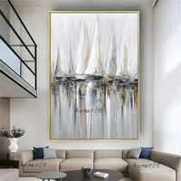 plain grey color abstract acrylic canvas hand painted oil painting sailboat wall hangings picture modern art for living room