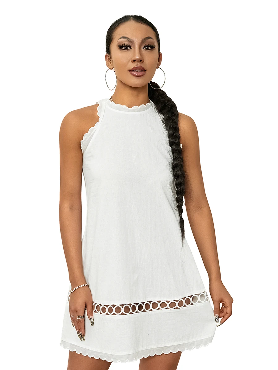 

Women Sexy Scallop Trim Cutout Beach Sundress Sleeveless Tank Dress Halter Summer Back Zipper Linen Casual Cocktail Party Mini