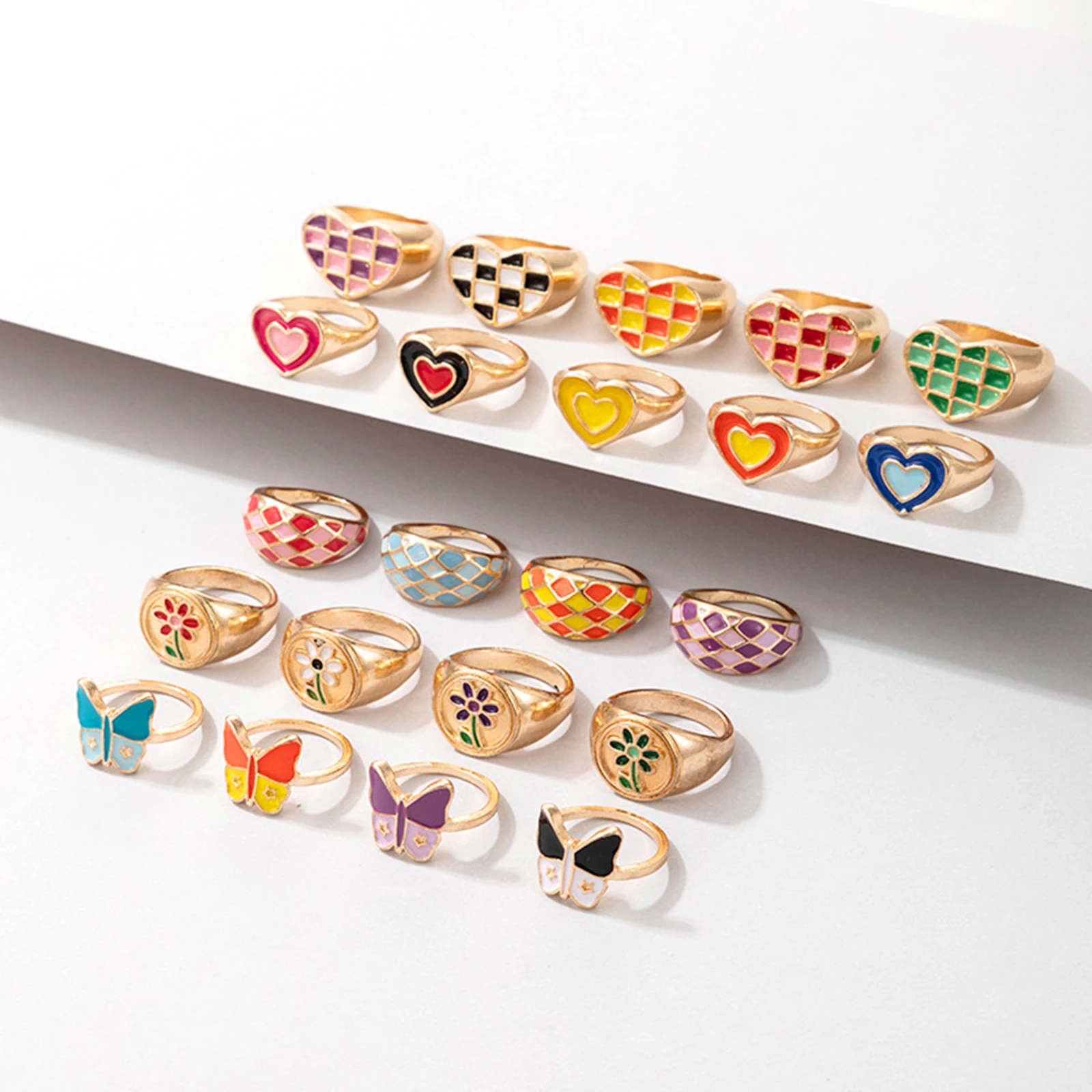 

2PCs New Fashion Heart Butterfly Rings Multicolor Enamel Finger Rings For Women Girls Party Club Sweet Rings Harajuku Jewelry