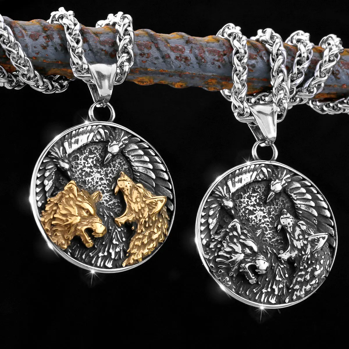 

Stainless Steel Viking Wolf Raven Necklace Vintage Men Nordic Fashion Odin Animal Amulet Jewelry Pendant Men Gift Wholesale