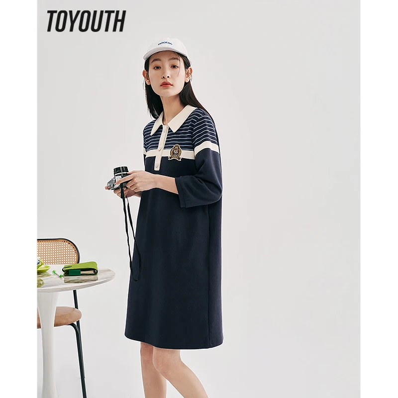 Toyouth Women Dress 2023 Spring Three Quarter Sleeves Polo Neck H-shape Striped Preppy Style Casual Mid-length T-shirt Skirt