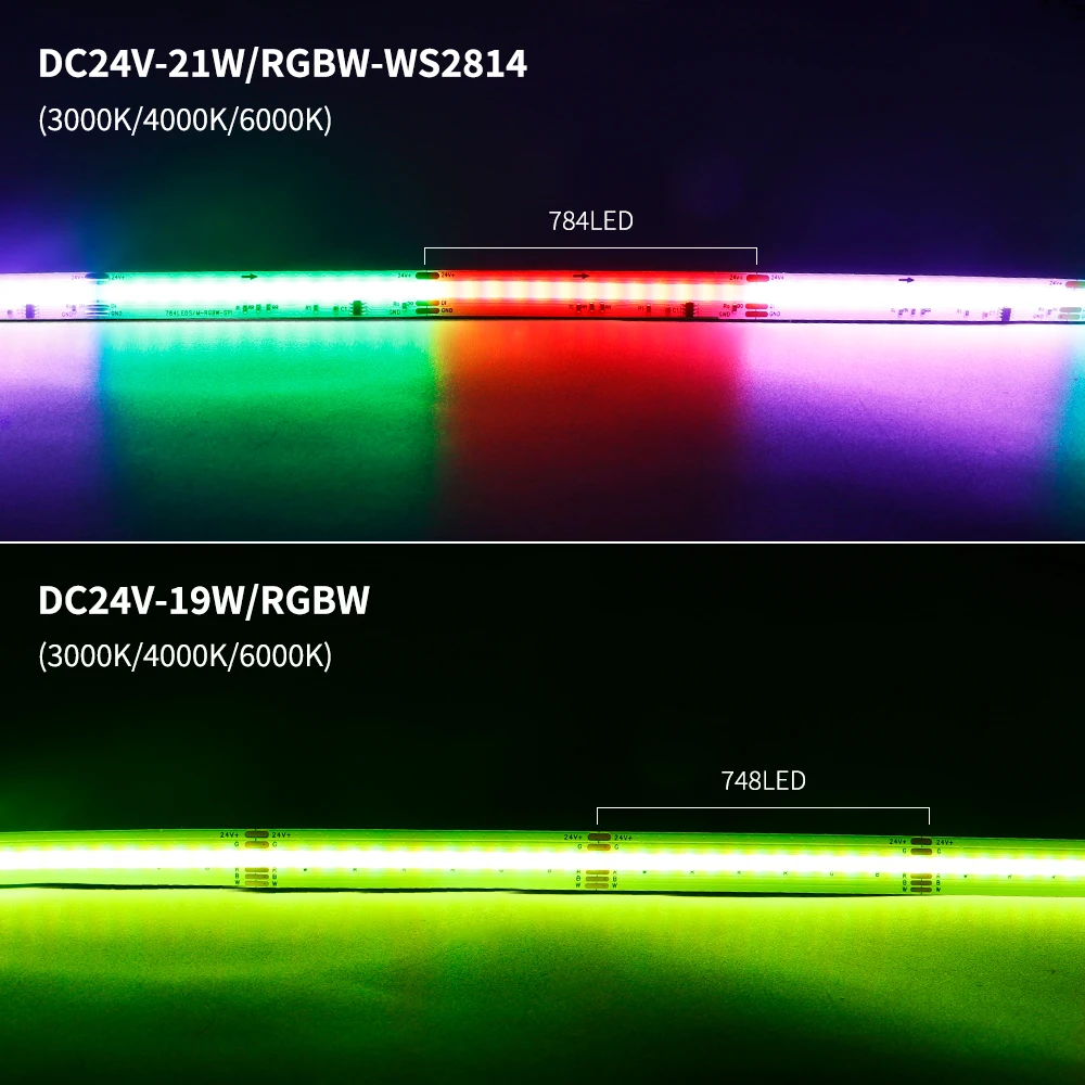 Фото Светодиодная лента COB DC24V WS2814, 784 светодиода/м, адресная, RGBW, RGBNW, RGBWW, гибкая, с эффектом «Dream Colors», FOB COB лента, RA90 №4