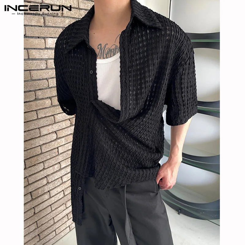 

INCERUN Tops 2023 Korean Style New Men's Leisure Vacation Solid Shirts Fashion Handsome Male Hot Sale Short Sleeve Blouse S-5XL
