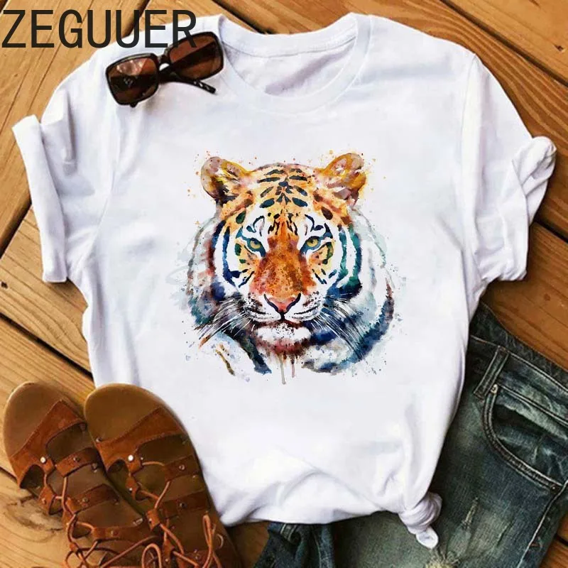 

New Summer Women Tops Cartoon Tiger Graphic Printed T Shirt Fashion Round Neck Female Clothing Short Sleeve Tees Ulzzang Top