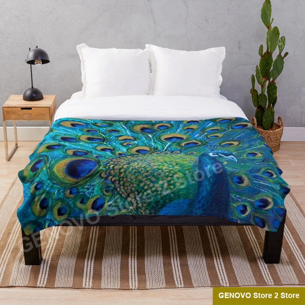 

Full Glory Peacock Throw Blanket Sublimation Covered Blanket Bedding Flannel for Children and Adult Bedrooms Decor