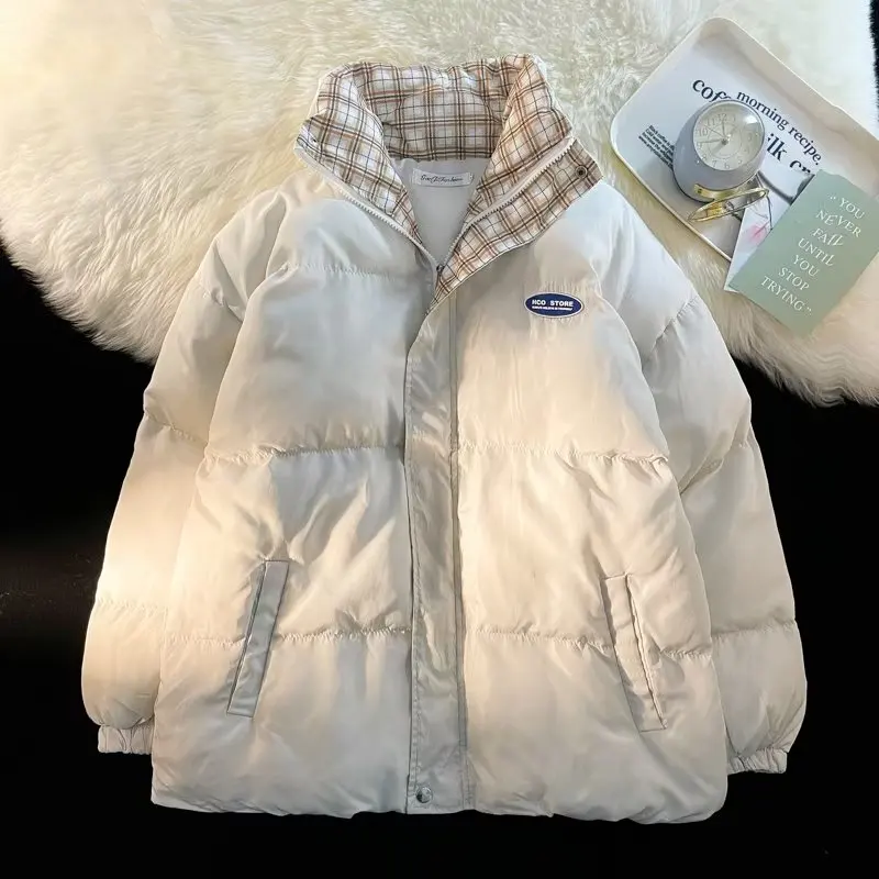 Oversize Parka Coat Winter Warm Patchwork Plaid Jacket Stand Collar Long Sleeve Thick Fashion Street Retro Jacket Women 2022