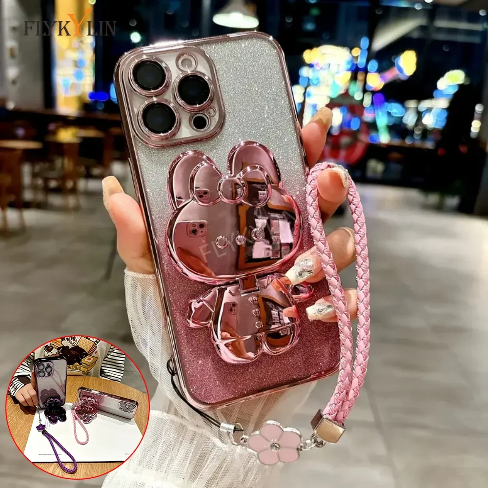 Фото Роскошный чехол для телефона с блестящим кроликом и зеркалом для MOTO G14 G13 G23 G73 G72 G62 G60 G42 G53 G24 G32 G22 G50 Четырехлистный клеверный веревка №1