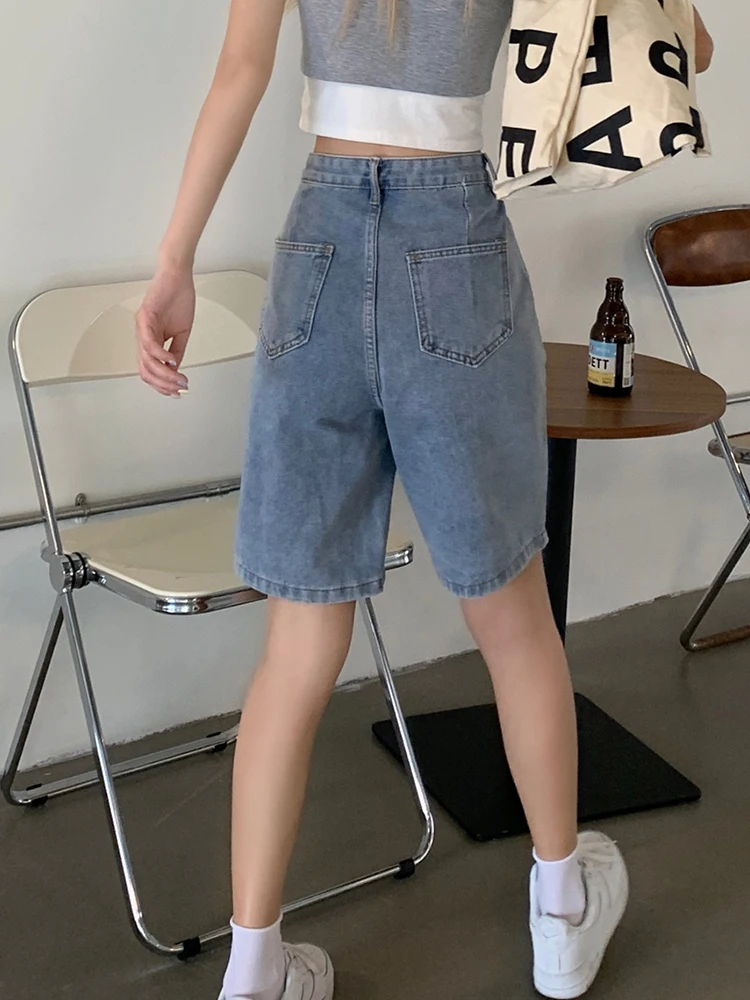 Spring Summer Women High Waist Straight Adjustable Button Denim Shorts Streetwear Female Loose Jeans Shorts Bottoms