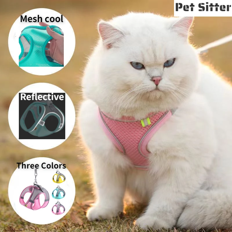 

Summer Little Dog Mesh Harness Reflective Vest Cat Collars Rope Small Dogs Cool Adjustable Puppy Evening Walking Travel Pet Lead