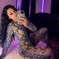 2022 new women sexy skinny jumpsuit serpentine print round neck long sleeve jumpsuit female clothing