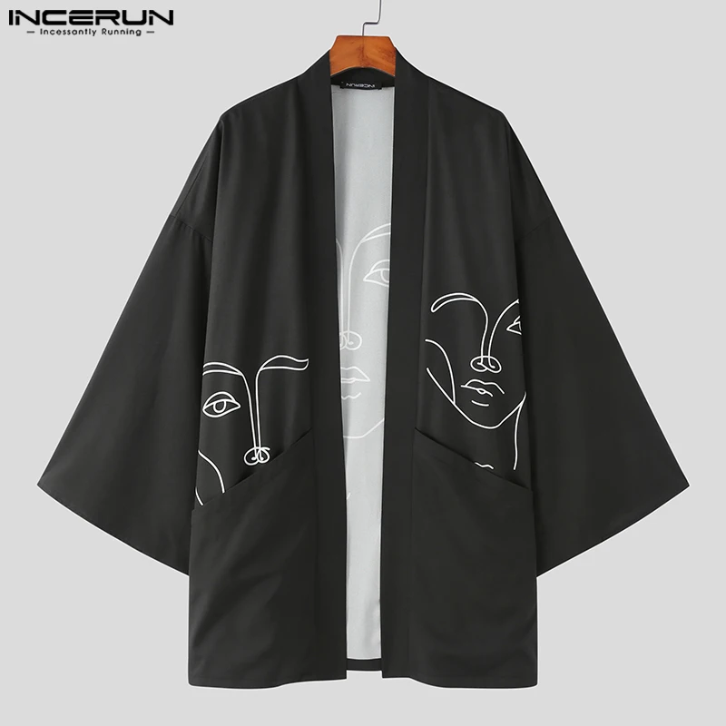 Casual Party Shows Hot Sale Tops INCERUN Men's Abstract Face Graffiti Print Blouse Male Loose Long Sleeve Cardigan Shirts S-5XL